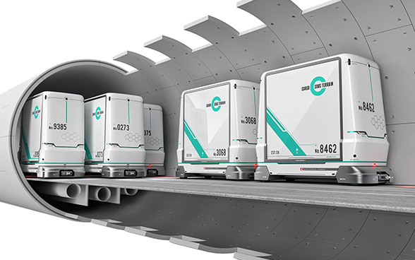 Cargo Sous Terrain 3-D vehicle laden with packages